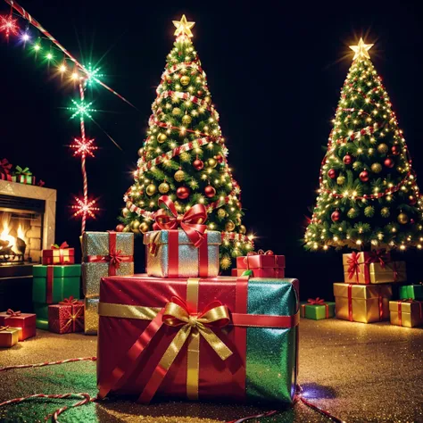 (regalos juguetes,Christmas tree,nearby:candy canes,lit up,gift wrapping paper,glitter)
(best quality,highres),(vibrant colors),(festive atmosphere),(sparkling lights),(excitement in the air),(delightful surprises)