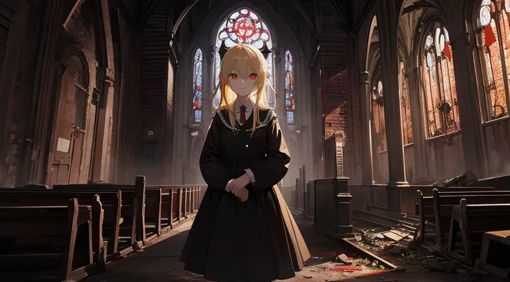 (sister, blonde hair, red eyes, creepy smile), (abandoned church, church at night)