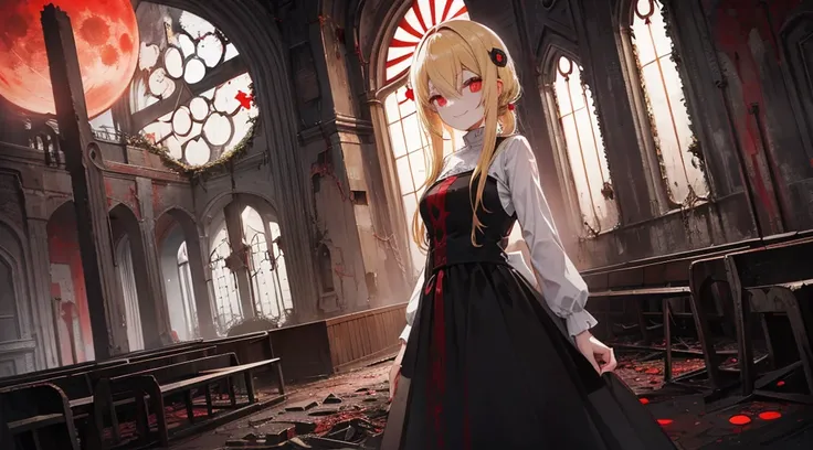 (sister, blonde hair, red eyes, creepy smile), (abandoned church, red moon outside the window)