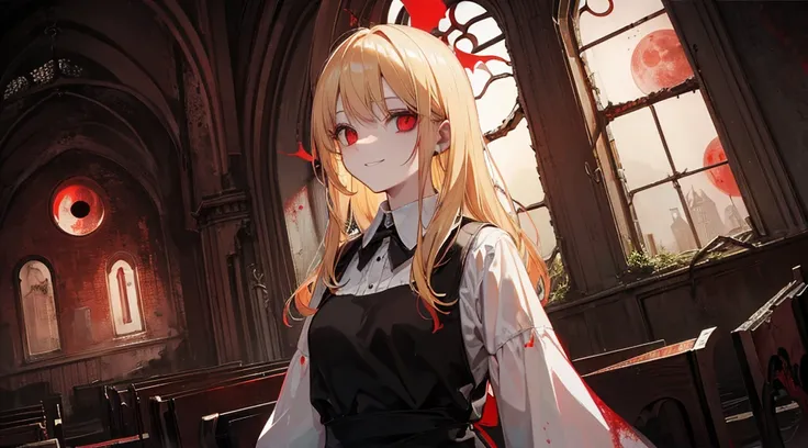 (sister, blonde hair, red eyes, creepy smile), (abandoned church, red moon outside the window)