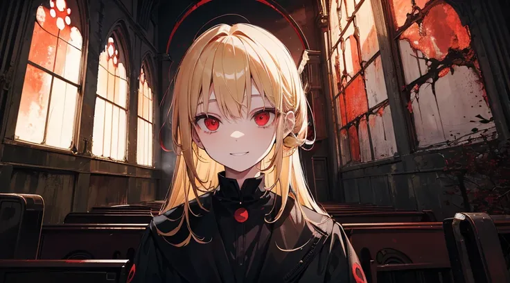 (sister, blonde hair, red eyes, creepy smile), (abandoned church, red moon outside the window)