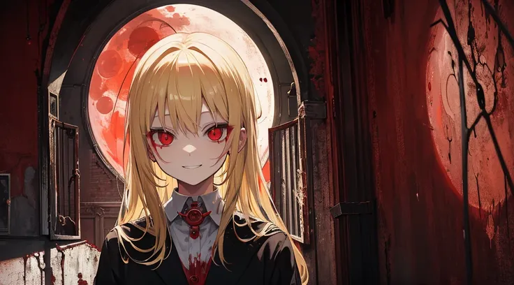 (sister, blonde hair, red eyes, creepy smile), (abandoned church, red moon outside the window, bloody wall)