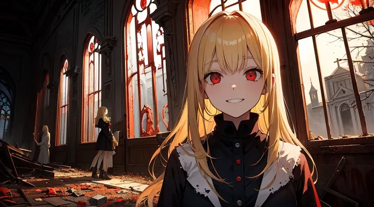 (sister, blonde hair, red eyes, creepy smile), (abandoned church, red moon outside the window)