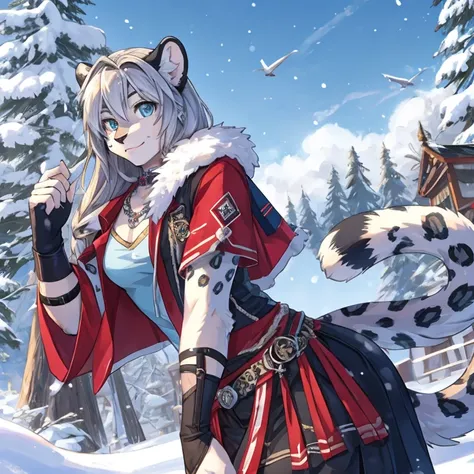 A leopard，teens girl，snow leopard，Detailed character details