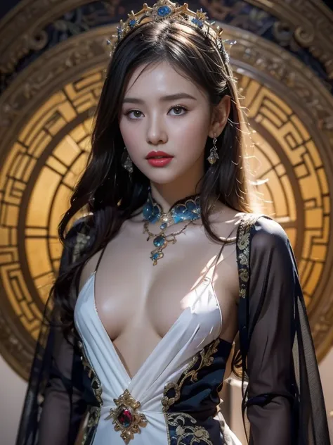 Portrait of a young saint of 20 years old, Saint with a beautiful and super cute face,Wearing a very thin and sexy Ao Dai, Beautiful cute face, There is a deep slit in the chest、Black and white lace trim attractive Ao Dai, Beautiful face without blemish, L...