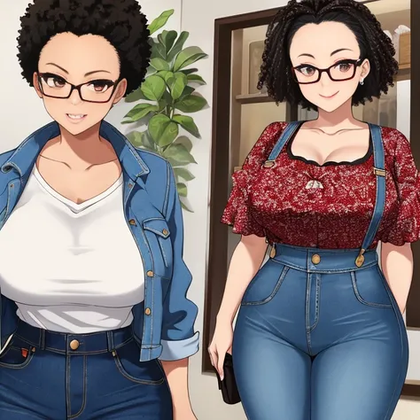 masutepiece, Best Quality:1.2),Detailed face, Detailed inner corner of the eye、eye glasses、short-haired、afro、Forehead、Large breasts, sexy big acemail, denim、overall, Wide pants