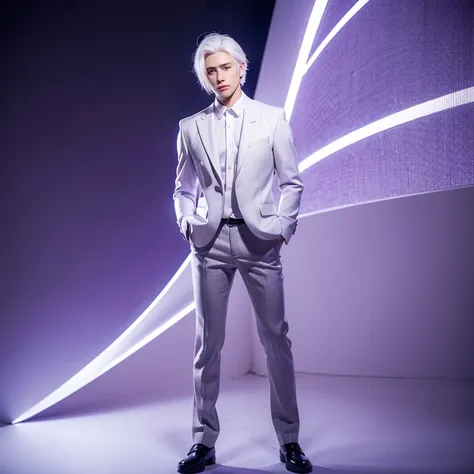 1 man handsome man white hair short hair purple eyes white lashes full body masculine pose