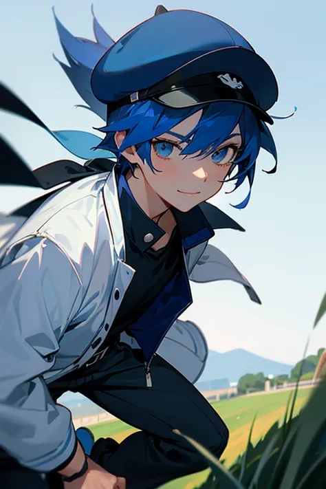 Anime Boy, Blue Haired, Wearing a Blue Cap, White Jacket, Black Shirt, Black Belt, Navy Blue Pants, Black Sneakers, Grassy Hills Background, Sunny, Bright, Happy, Cinematic Lighting, Close-up Portrait