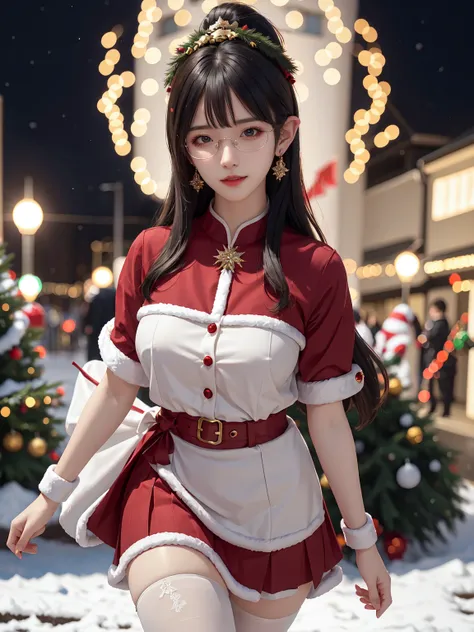 (masterpiece:1.3), live wallpaper, top-quality, Beautifully Aesthetic:1.2, ((1 girl)), solo, (red and white colors christmas uniform, shirt, long skirt), (black brown Hair, Straight hair, short hair), detailed face, detailed eyes, detailed ears, detailed l...