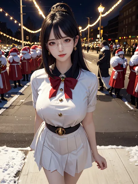 (masterpiece:1.3), live wallpaper, top-quality, Beautifully Aesthetic:1.2, ((1 girl)), solo, (red and white colors christmas uniform, shirt, long skirt), (black brown Hair, Straight hair, short hair), detailed face, detailed eyes, detailed ears, detailed l...