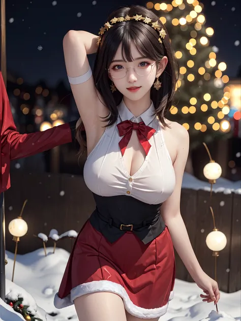 (masterpiece:1.3), live wallpaper, top-quality, Beautifully Aesthetic:1.2, ((1 girl)), solo, (red and white colors christmas uniform, shirt, long skirt), (black brown Hair, Straight hair, short hair), detailed face, detailed eyes, detailed ears, detailed l...