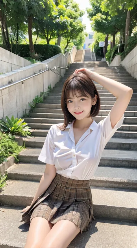 8K RAW Photos、hight resolution、((1womanl、FULL BODYSHOT、Capturing the entire model up to the ankles))、(perfect female anatomy)、Black eyes、Korean School Uniform、Summer School Uniform Shirts、Ribbon tie、Plaid mini skirt、Light brown hair、stairs at school、stairs...