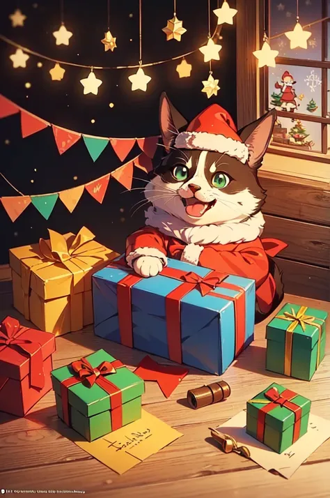 Received Christmas Gift, Festive atmosphere, surprise, happy, by Richard Scarry, enhance, intricate, (best quality, masterpiece, Representative work, official art, Professional, unity 8k wallpaper:1.3)