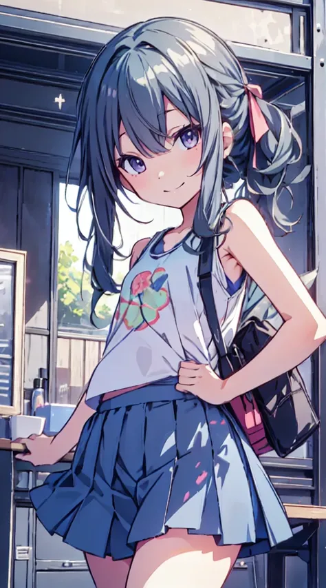 masutepiece, Best Quality,Illustration, Wallpaper, ultra -detail, 1loli、♡、Futomo、Poses in motion、mischievous smile、Tank tops、skirt by the、outside of house