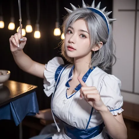 ((16 Nights Sakiya)), ((Touhou Project)), Cosplay, 20-year-old woman, (((gray hair)), ((medium spiky hair)), ((blue maid outfit)), ((white blouse)), midchest, (light)))), (pose))), (photorealistic photo: 1.3), rim lighting, (high detail skin:1.2), 8K UHD, ...