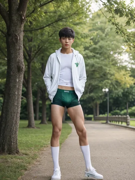 16 years old teenagers , very young , light-skin , wearing an dark green sexy underwear, tmasterpiece，k hd，the feet ，black long socks，The barefoot , green colour , handsome and cute , extreme cute boy , white skin , dark green underwear boxers shorts , ext...