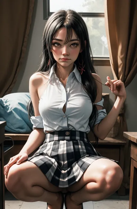 (full figure:1.1), (1 girl as yukino yukinoshita:1.5), highres, solo, big breasts, waist long black hair, (twintails:0.5), (pleated school miniskirt:1.5), (black knee high socks:1.5), (loose red ribbon:1.2), (cotton skirt:1.5), (unbuttoned white shirt:1.4)...