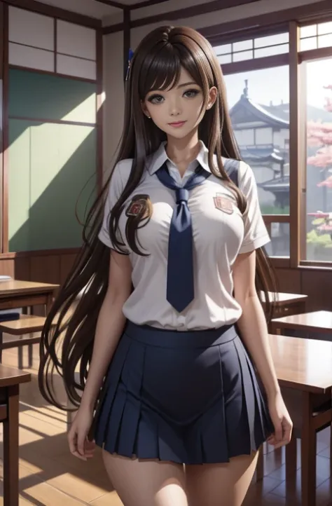 A Japanese girl she is standing in the classroom. She has brown hair and tight abdominal muscles. She puts her hands behind her back and opens her M-shaped legs. Shes wearing a business uniform. The library is in the background. Pay attention to the detail...