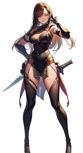 (((Best Quality))) , ((full body)), female, reference sheet, solo, (white background), holding sword, gauntlets, waist armor, thigh high, side slit, loin cloth,