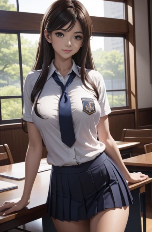 A Japanese girl she is standing in the classroom. She has brown hair and tight abdominal muscles. She puts her hands behind her back and opens her M-shaped legs. Shes wearing a business uniform. The library is in the background. Pay attention to the detail...