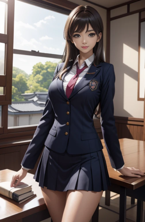 A Japanese girl she is standing in the classroom. She has brown hair and tight abdominal muscles. She puts her hands behind her back and opens her M-shaped legs. Shes wearing a business uniform. The library is in the background. Pay attention to the detail...