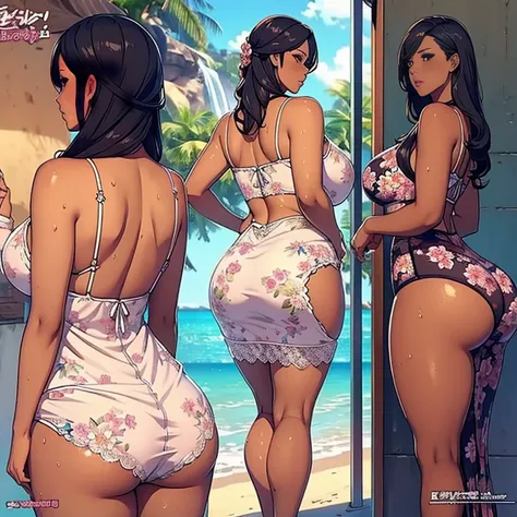 multiple thick body large breasts female side by side wearing floral elegant dress, different style dress, darker skin females, lineup, beach, (open dress show lace pattern panties from behind), nsfw, (back view), daytime, female bodies wet and sweaty, mul...