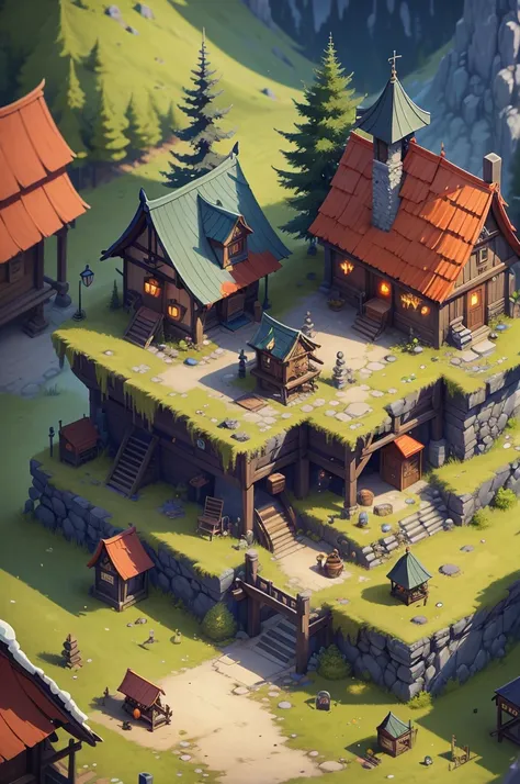 pixel game scenes，isometric architecture，rpg mountain town center stage valley detailed