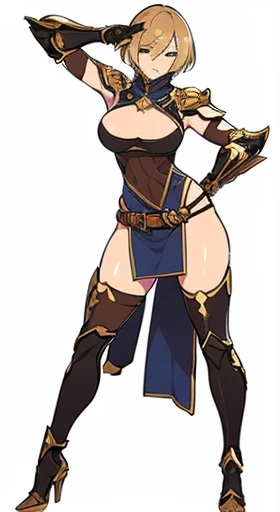 (((Best Quality))) , ((full body)), female, reference sheet, solo, (white background), holding sword, gauntlets, waist armor, thigh high, side slit, loin cloth,