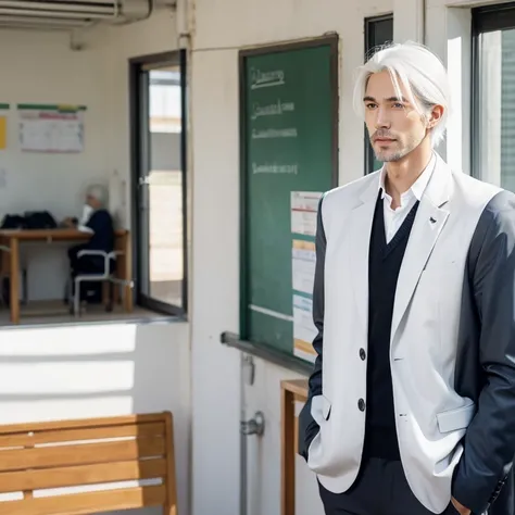 Tall handsome man with white hair in a school