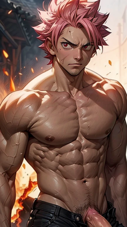 ((upper body)) masterpiece, best quality red eyes, game cg, 1boy adult man, (naked:1.2) rugged adult face, solo, male focus, looking at viewer, upper body, Natsu Dragneel natsu_dragneel, pink hair, red eyes, (shirtless naked), toned muscle, pectorals, 8 ab...