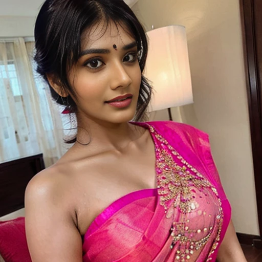 a indian woman in a pink sari posing for a picture, featured on instagram, seductive, angular, hot, sexy, juicy lips,