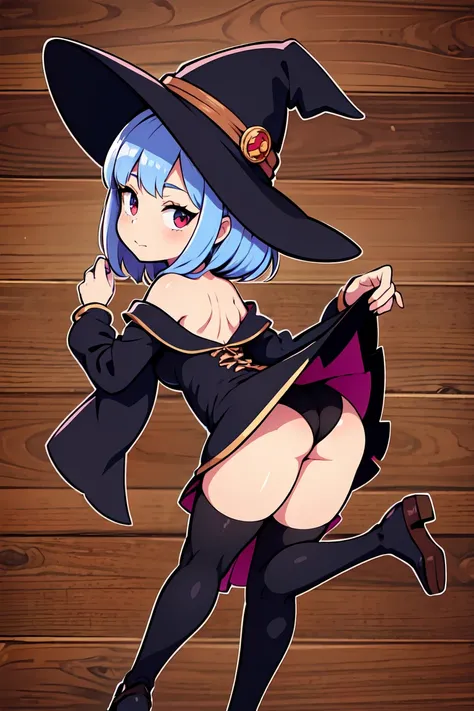 Cute witch in witchs outfit, detailed artwork, high resolution, (charming and adorable), wooden cabin background, 16K quality, wide hips, upskirt