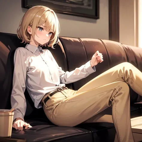 masterpiece, best quality, 1girl, solo, old woman, wavy hair, short hair, white shirt, long sleeves, beige pants, sitting, couch, living room, frown