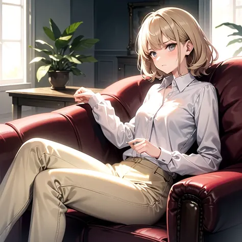 masterpiece, best quality, 1girl, solo, (old woman), wavy hair, short hair, white shirt, long sleeves, beige pants, sitting, couch, living room, frown