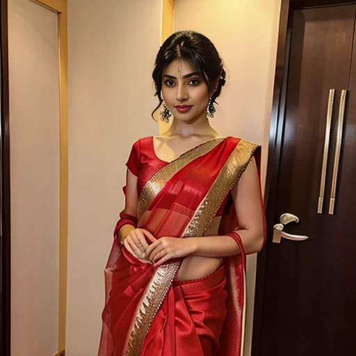 a woman in a red sari posing for a picture, featured on instagram, seductive, angular, , hot, sexy