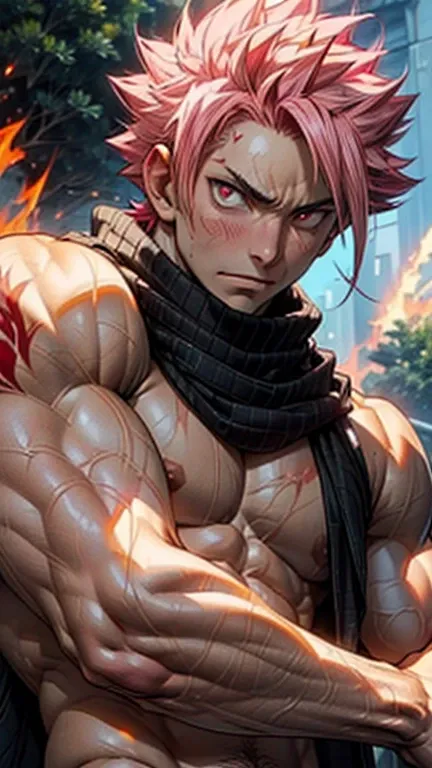 ((upper body)) masterpiece, best quality red eyes, game cg, 1boy adult man, (naked:1.2) rugged adult face, solo, male focus, looking at viewer, upper body, Natsu Dragneel natsu_dragneel, pink hair, red eyes, (shirtless naked), toned muscle, pectorals, 8 ab...