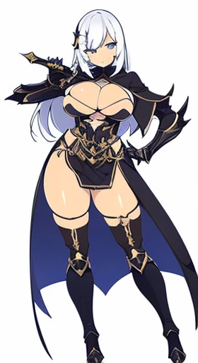 (((Best Quality))) , ((full body)), female, reference sheet, solo, (white background), holding sword, gauntlets, armored dress, thigh high, side slit, front loin cloth,