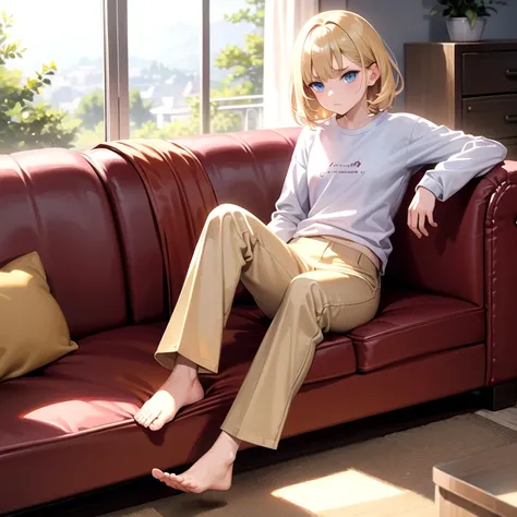 masterpiece, best quality, 1girl, solo, wavy hair, short hair, blonde hair, blue eyes, white shirt, long sleeves, t-shirt, beige pants, sitting, couch, living room, frown