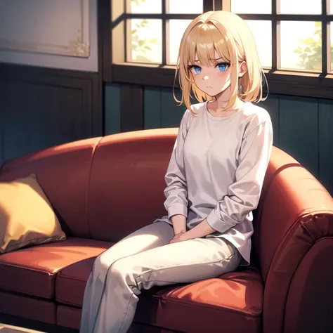 masterpiece, best quality, 1girl, solo, wavy hair, short hair, blonde hair, blue eyes, white shirt, long sleeves, t-shirt, beige pants, sitting, couch, living room, frown