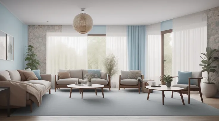 a living room, baby blue walls with flower wallpaper, bright mahogany wood floor, sofa with 2 armchairs in beige color, a glass coffee table with vase on top, a medium-sized London landscape frame behind the sofa, a clear lighting projected from above, a l...