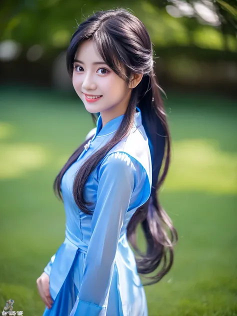 sky blue silk aodai, Vietnamese girl, smile , long silky hair, Realistic lighting, delicate face, Body perfect anatomy,Top Quality, 8K Resolution , full body , realistic , real human , High quality, realistic , Cinematic, Aesthetic, beautiful girl,