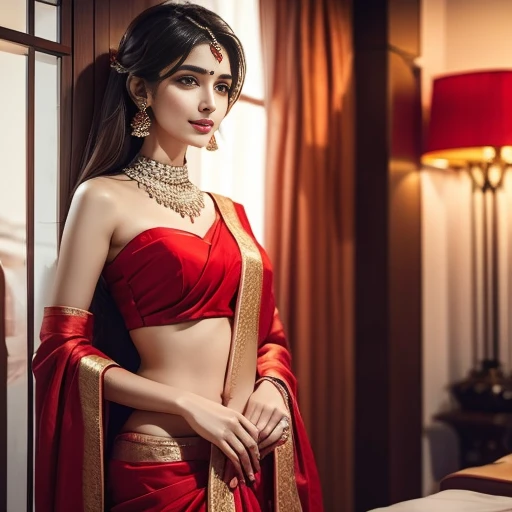 a woman in a red sari posing for a picture, featured on instagram, seductive, angular, , hot, sexy