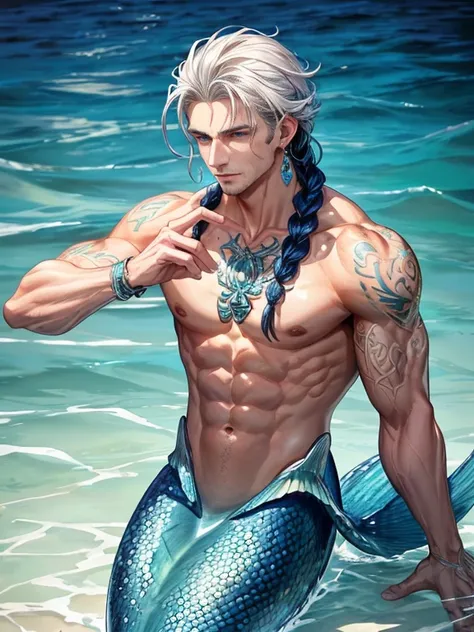 man, masculine, masculine face, attractive, muscular, (((1man))), young, masterpiece, best quality ,intricate details , (shiny skin, shiny body, shiny oily luster skin, shiny hair), attractive, ((muscular)), , one, earrings, Dont look at the view , braided...