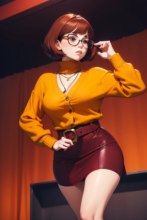 ((masterpiece, best quality, ultra-detailed, ultra-HD, photorealistic, cinematic)), (close-up camera shot, from below:1.2), (twerking,  pose), (alluring and voluptuous female as Velma Dinkley:1.2), perfect anatomy, perfect face, proportioned hands, (deep s...