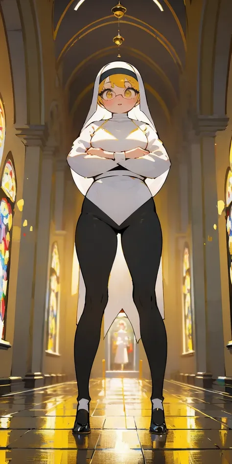 (Best quality, 4k, Masterpiece :1.3), full body standing symmetrical beautiful woman, hyper realistic, 1girl, nun outfit, yellow sunglasses, muscular turned arms behind body