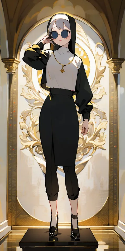 (Best quality, 4k, Masterpiece :1.3), full body standing symmetrical beautiful woman, hyper realistic, 1girl, nun outfit, yellow sunglasses, muscular turned arms behind body