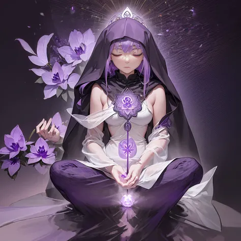 (person meditating cloaked in a violet aura:1.5), incorporate symbolic elements representing the crown chakra, sahasrara, a violet The Sahasrara is described as a lotus flower with 1,000 petals of different colors. These are arranged in 20 layers, each wit...