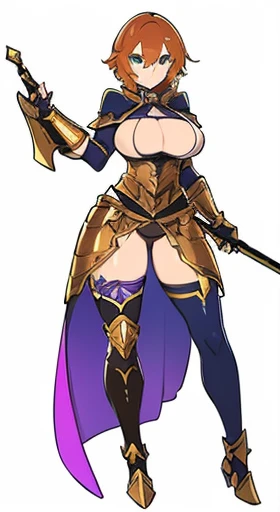 (((Best Quality))) , ((full body)), female, reference sheet, solo, (white background), holding sword, gauntlets, armored dress, thigh high, loin cloth only, blue, orange, green, violet, brown, white,