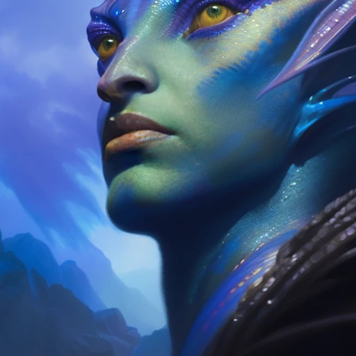 Close-up Portrait of a Assyria Sapphire Merfolk_Person, Fantasy, Medieval, Volumetric lighting, concept art, brush stroke style, artstation, trending, highly detailed, art by greg rutkowski.