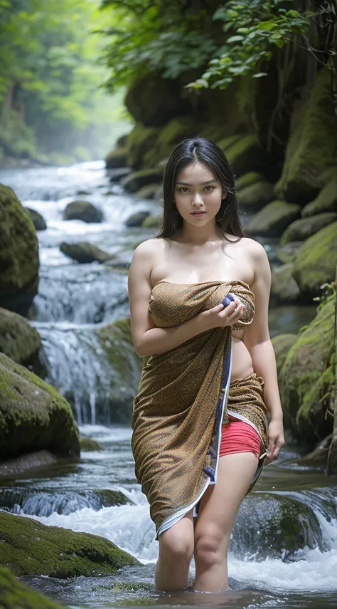 A Beautiful Girl, korea, 18-20 years old, (long-haired), ((Thai sarong, thin, Thai pattern drawing, bathe)), ((enormous breasts, Beautiful breast, plump breasts)), (ผอมthin, slim, flat stomach), (elongated legs), waterfall, stream, river bank, natural